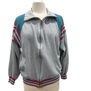 Vintage 90’s Color Block Stripe Zip Front Sweatshirt SZ M Grey Teal